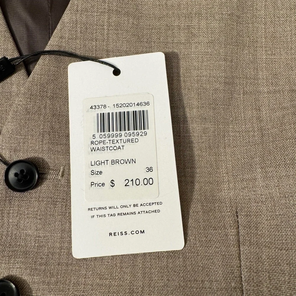 Reiss Waistcoat Men 36 Light Brown Rope-Textured Wool Formal Vest‎ NEW
